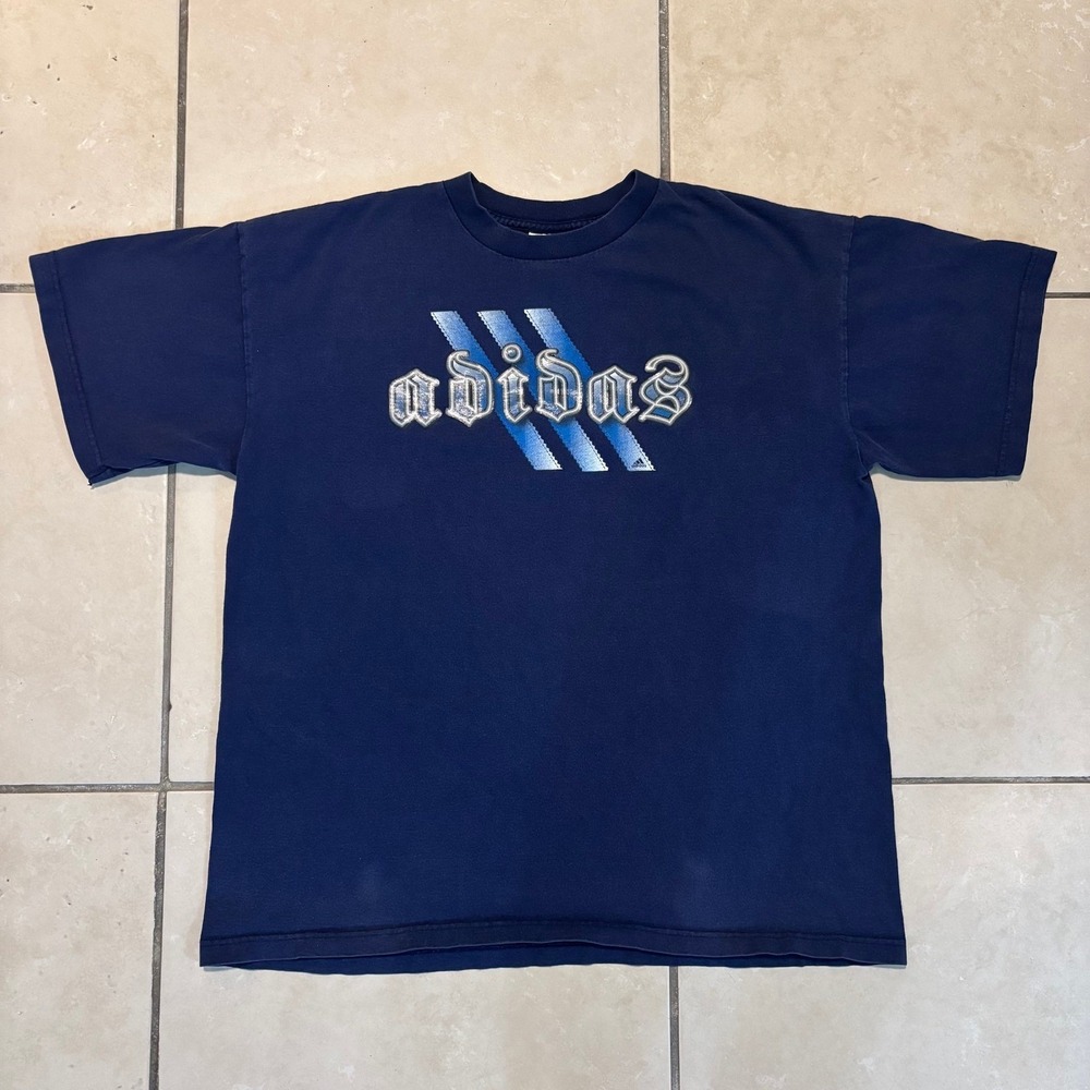 Vintage Adidas T Shirt Navy Blue Old English Gothic Logo Made in USA Large
